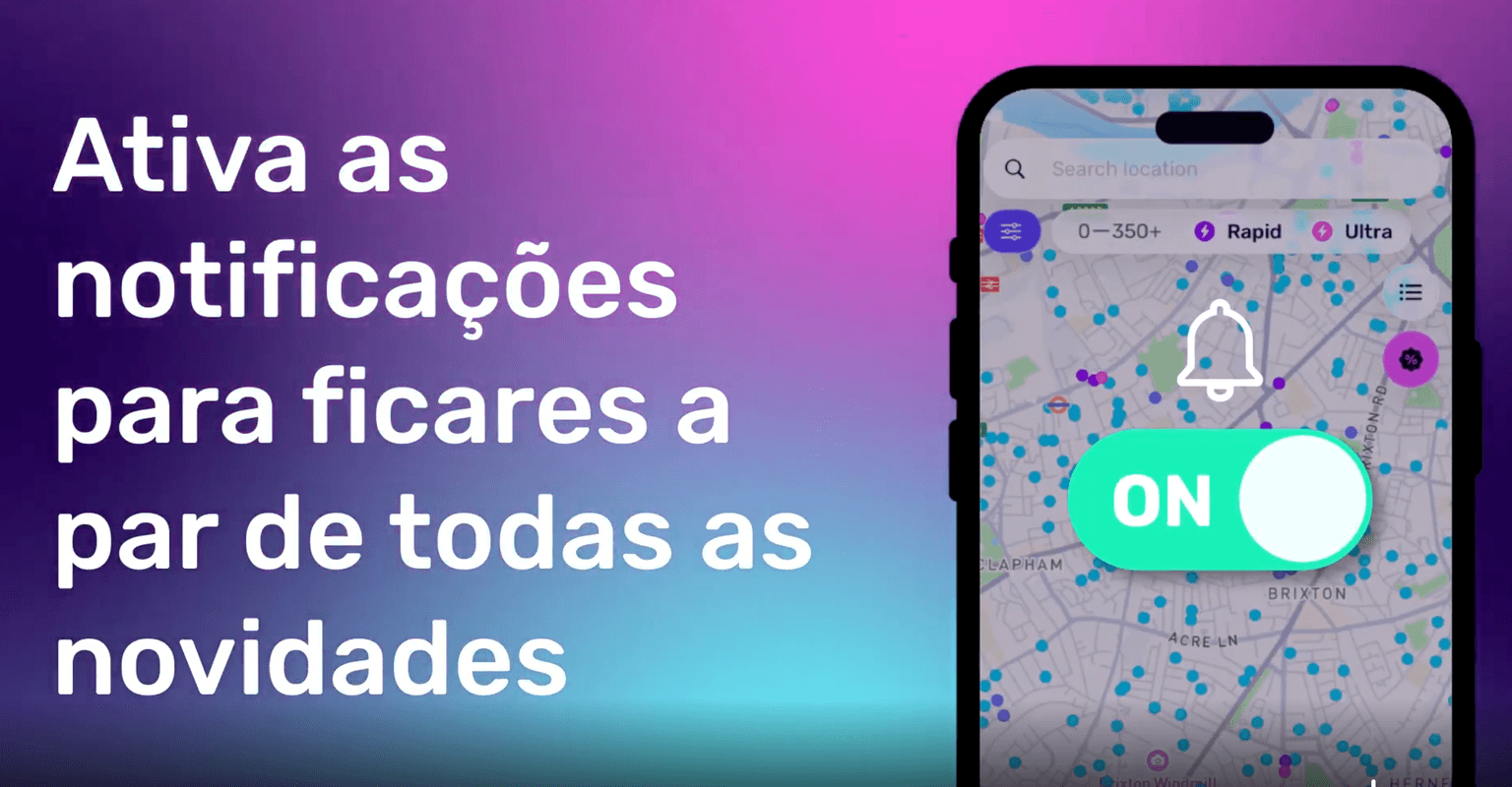 Smartphone displaying a map with a notification bell and "ON" button, set against a gradient purple and teal background with Portuguese text.
