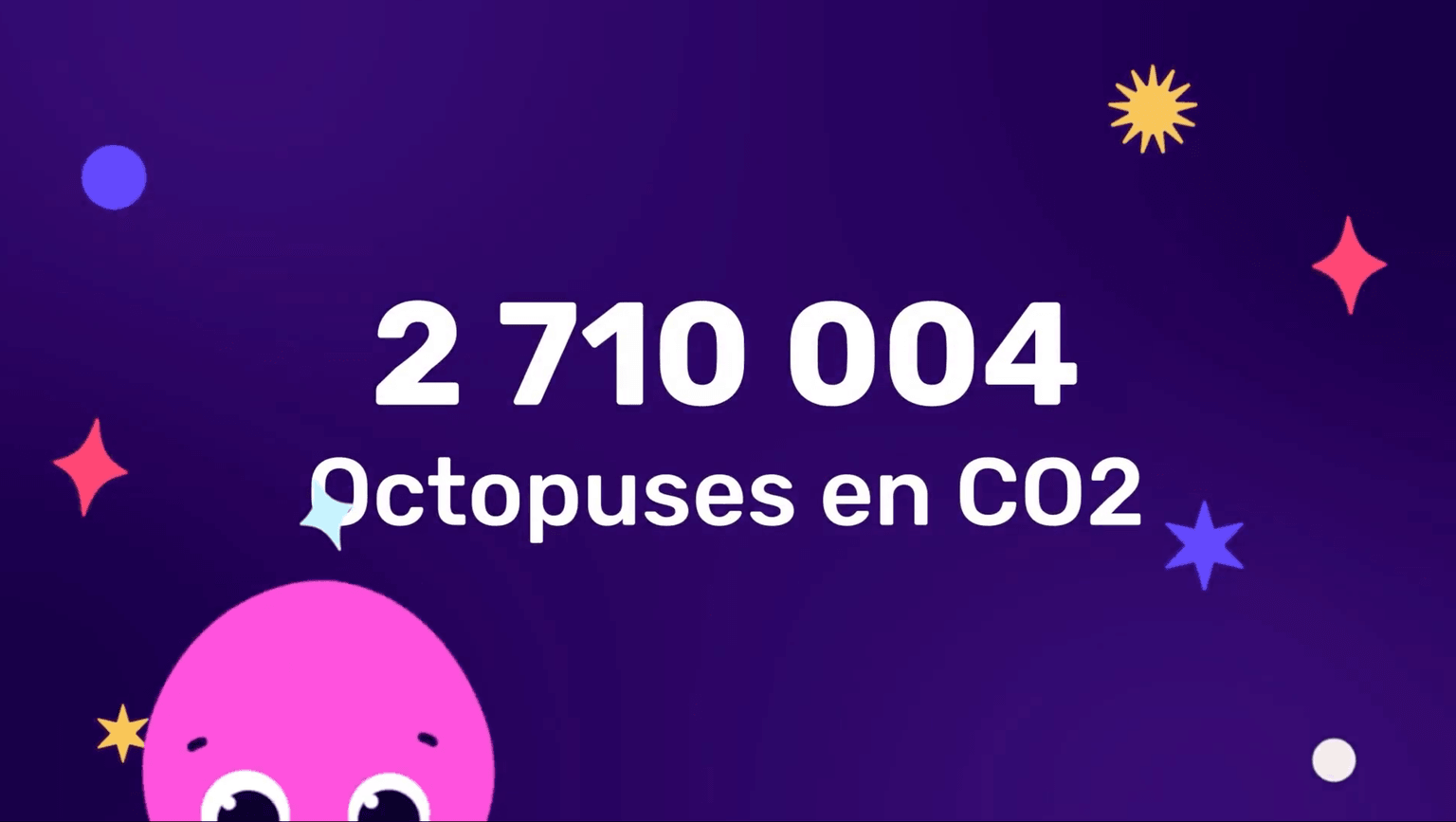 Pulpo rosa con un bocadillo junto al texto «2 710 004 pulpos en CO2» sobre un fondo morado con estrellas y un sol.