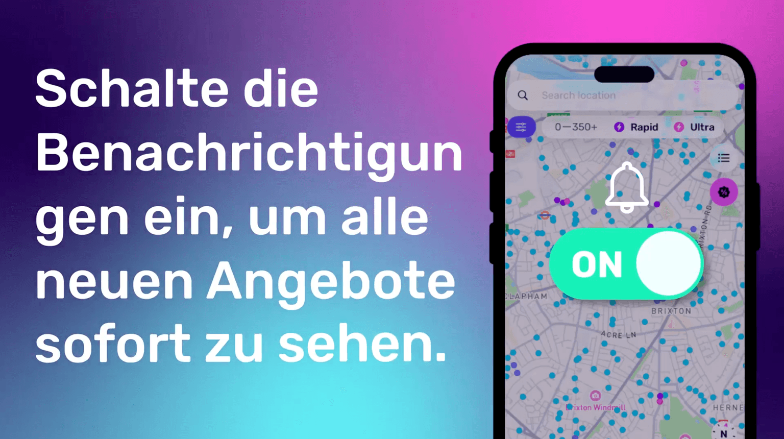 Smartphone mit einer Stadtkarte mit blauen Punkten und einem Kippschalter mit der Aufschrift „ON“ sowie deutschem Text auf einem bunten Hintergrund mit Farbverlauf.