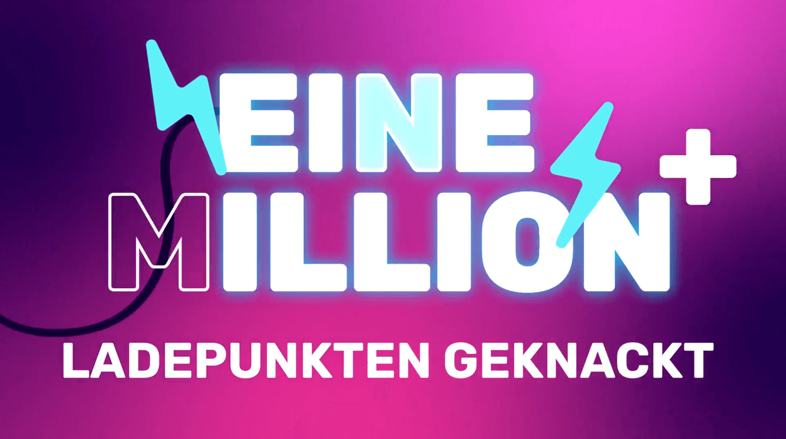 Text mit der Aufschrift „MEINE MILLION LADepunkTEN GEKNACKT” auf rosa-lila Hintergrund mit Blitzgrafiken.