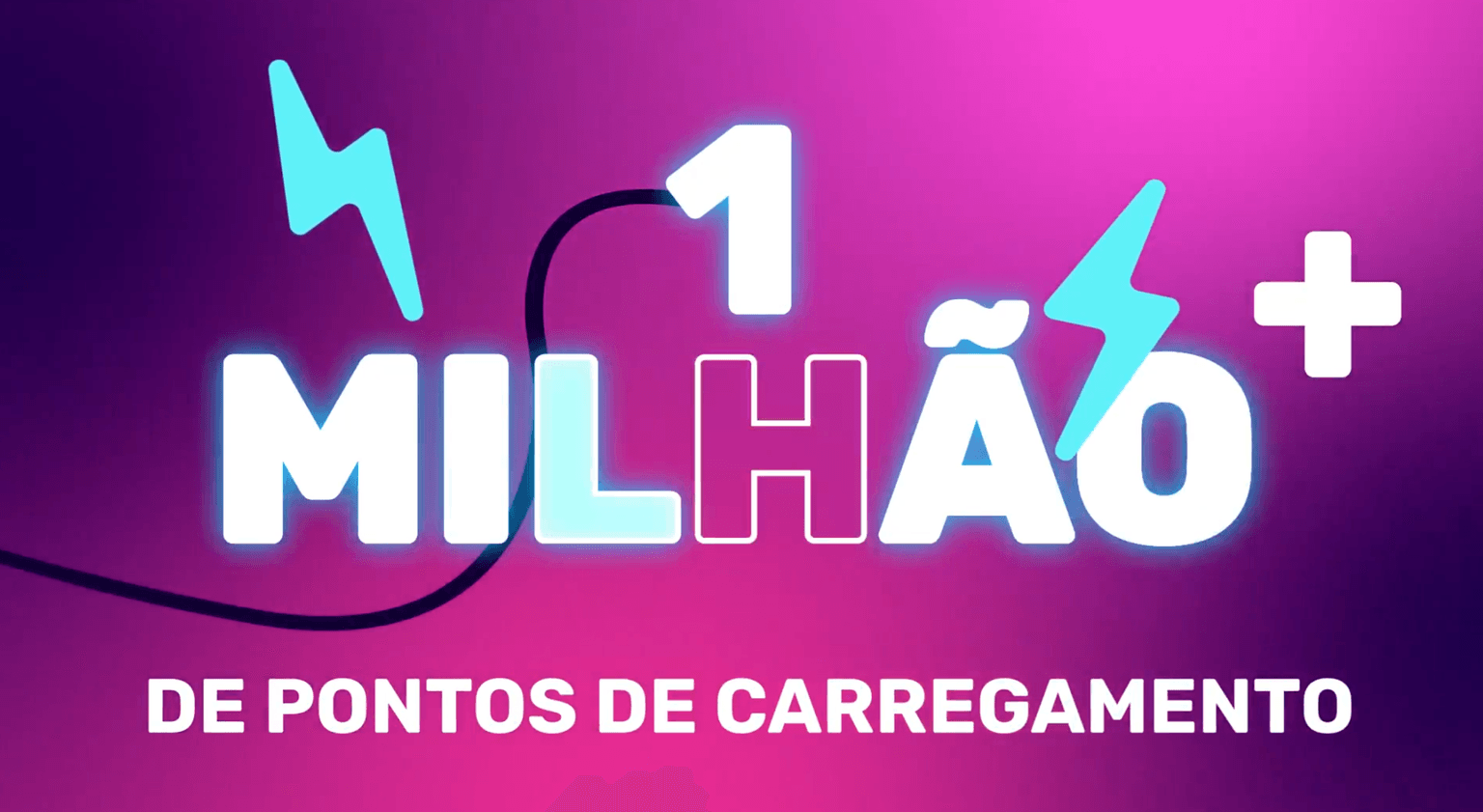 Bright pink background with the text "1 MILHÃO+" in white and blue, featuring lightning bolt icons, and "DE PONTOS DE CARREGAMENTO" below.