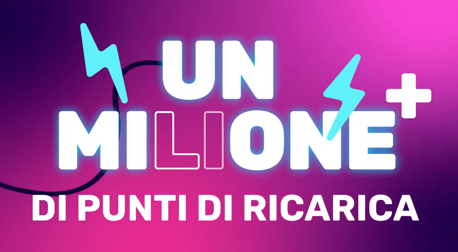 Text on a vibrant pink and purple gradient background reads "Un Milione di Punti di Ricarica" with lightning bolts decorating the text.