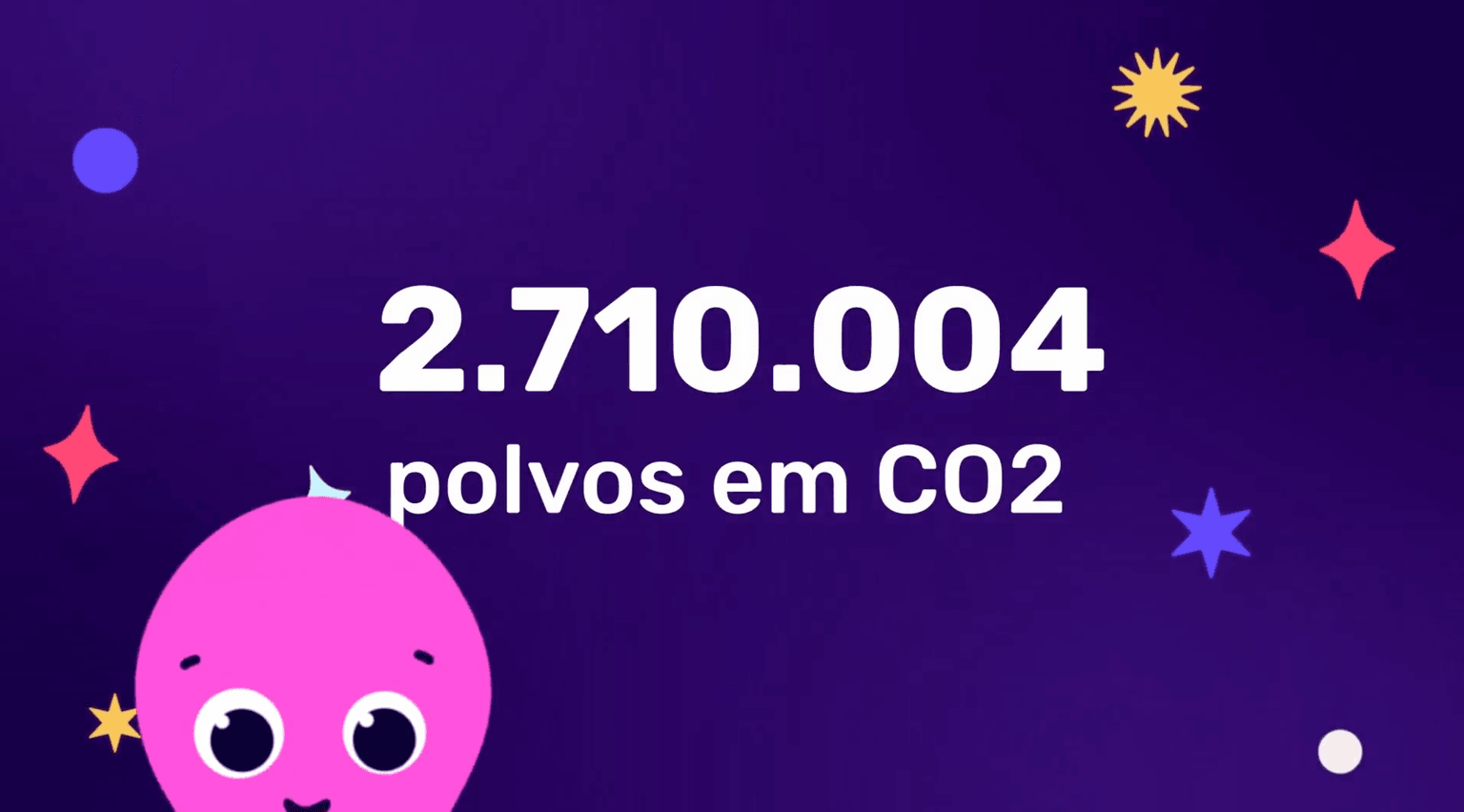 Colorful graphic with the text "2.710.004 polvos em CO2" against a purple background, featuring playful cartoon elements.