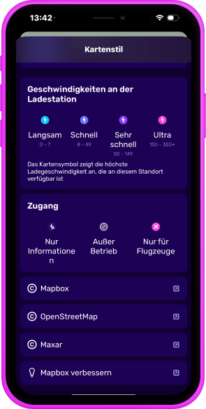 ein rosa iPhone mit der Registerkarte „Kartenstile“ und einer Schaltfläche „Kartenstecknadeln“