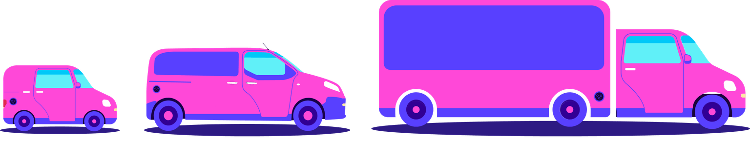 Three different sized pink vans: HGV, minivan, people carrier