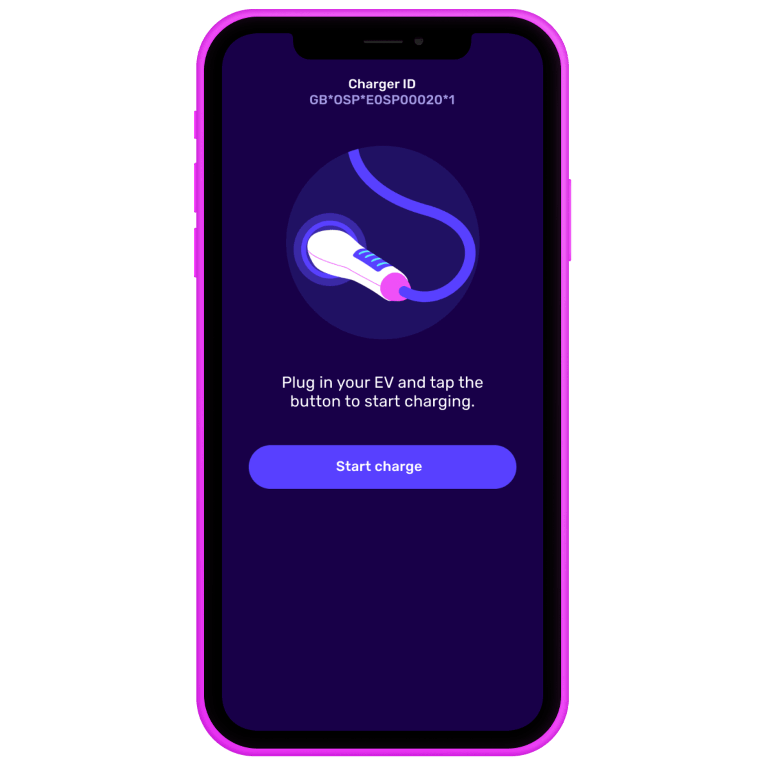 Smartphone screen showing an electric vehicle charging app interface with a "Start charge" button and charger ID displayed.