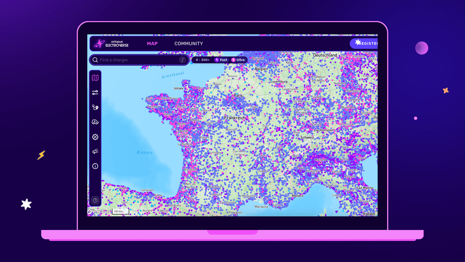 Laptop mit einer farbenfrohen Karte von Frankreich und Umgebung mit zahlreichen Markierungen vor einem violetten Hintergrund mit Symbolen und Sternen.