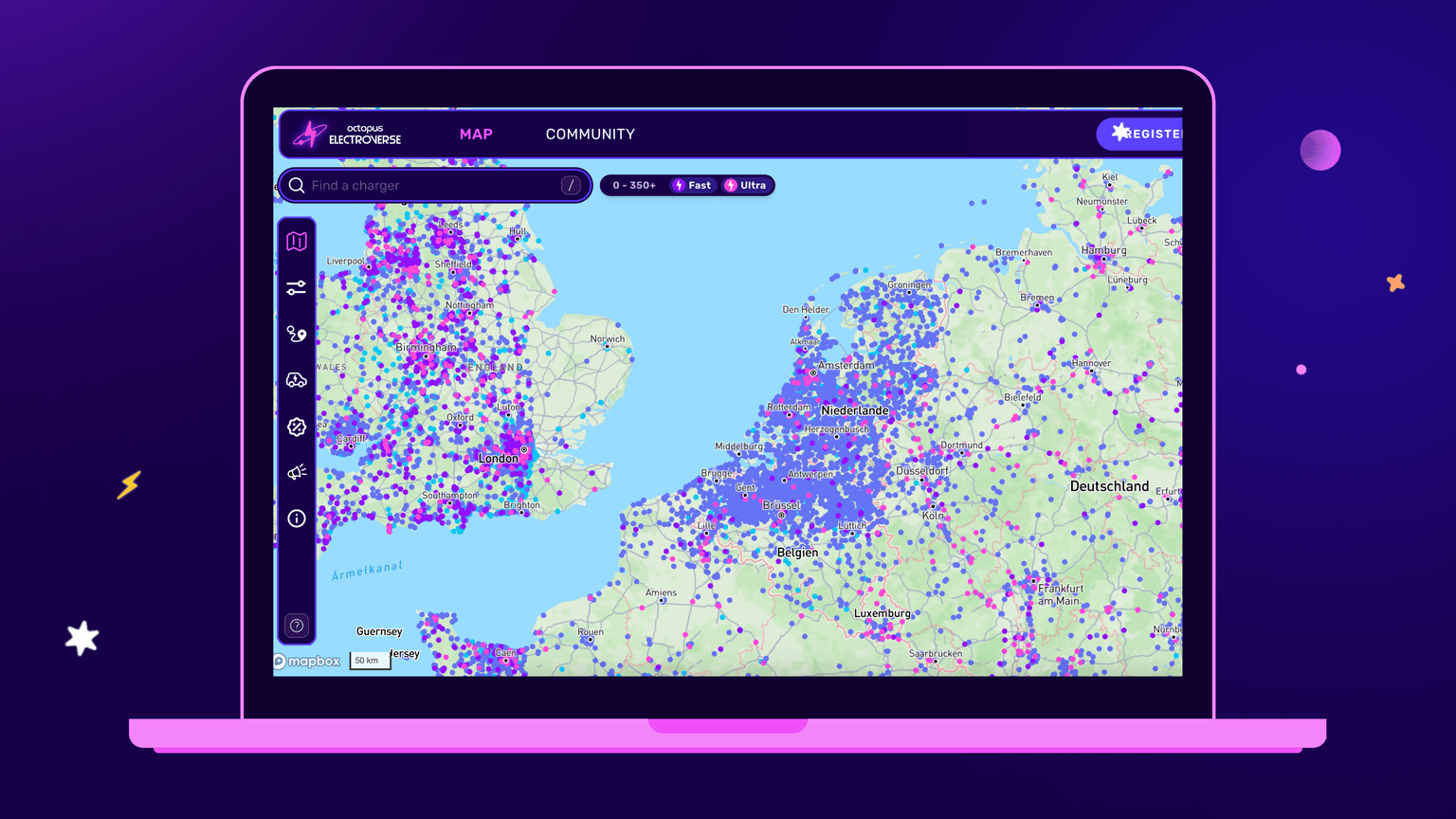 Eine Karte der Niederlande in Rosa- und Violetttönen mit Punkten, die Ladestationen symbolisieren, die über die Karte verteilt sind.