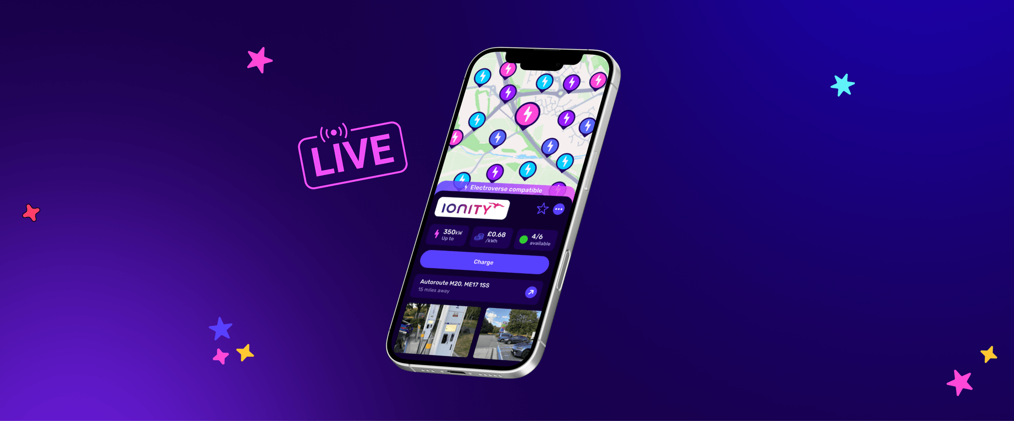 Smartphone displaying a charging app with a map, surrounded by colorful stars on a dark blue gradient background with a "LIVE" icon.