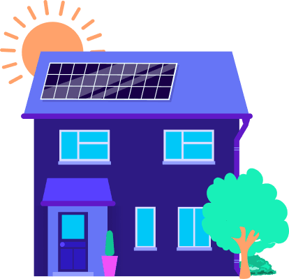 Ilustração de uma casa roxa com painéis solares no telhado, um sol brilhante e uma árvore verde em primeiro plano.