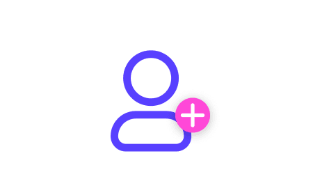 Outline of a person with a purple border and a pink circle containing a plus sign, indicating "add user."