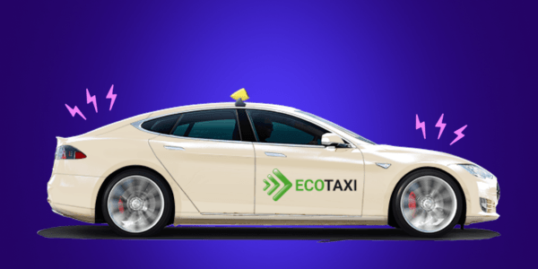 Ein weißes Elektroauto mit der Aufschrift „ECOTAXI” an der Seite, vor einem violetten Hintergrund mit elektrischen Symbolen.