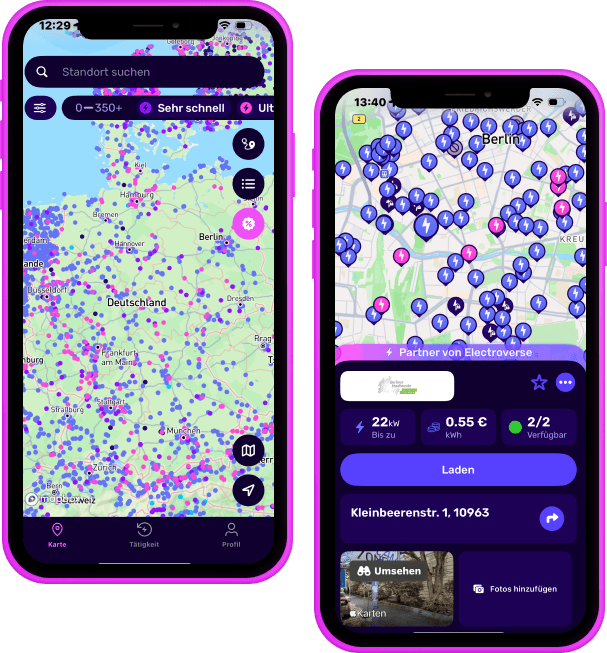 zwei rosa iPhones mit der Electroverse-App-Karte und einer Registerkarte mit Informationen zum Ladegerät