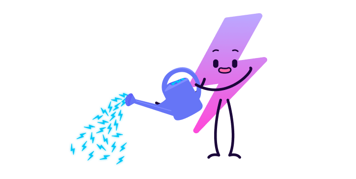 Zapman, la mascota de Electroverse, usa una regadera, donde aparecen pequeñas gotas eléctricas en lugar de agua.