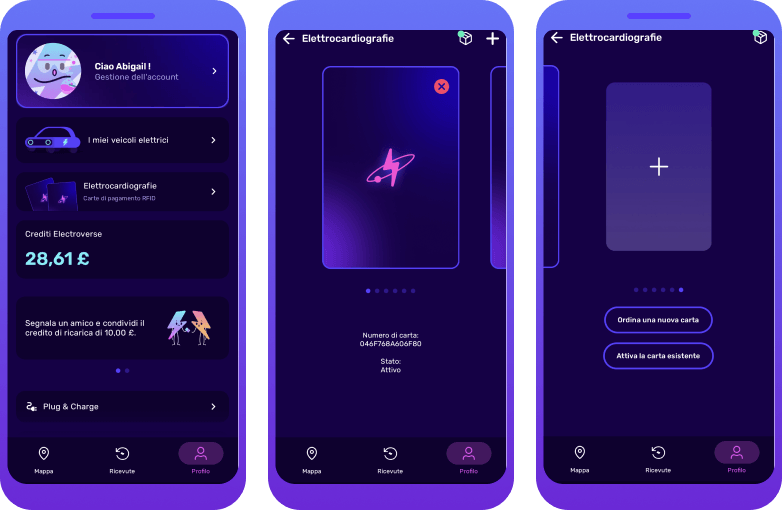 Tre schermate mobili che mostrano l'interfaccia dell'app Octopus Electroverse per la gestione dei veicoli elettrici, con opzioni per la gestione delle schede di ricarica e la panoramica dell'account