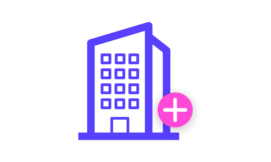 Icon of a purple building with a pink circle and white plus sign on the right, suggesting addition or inclusion.