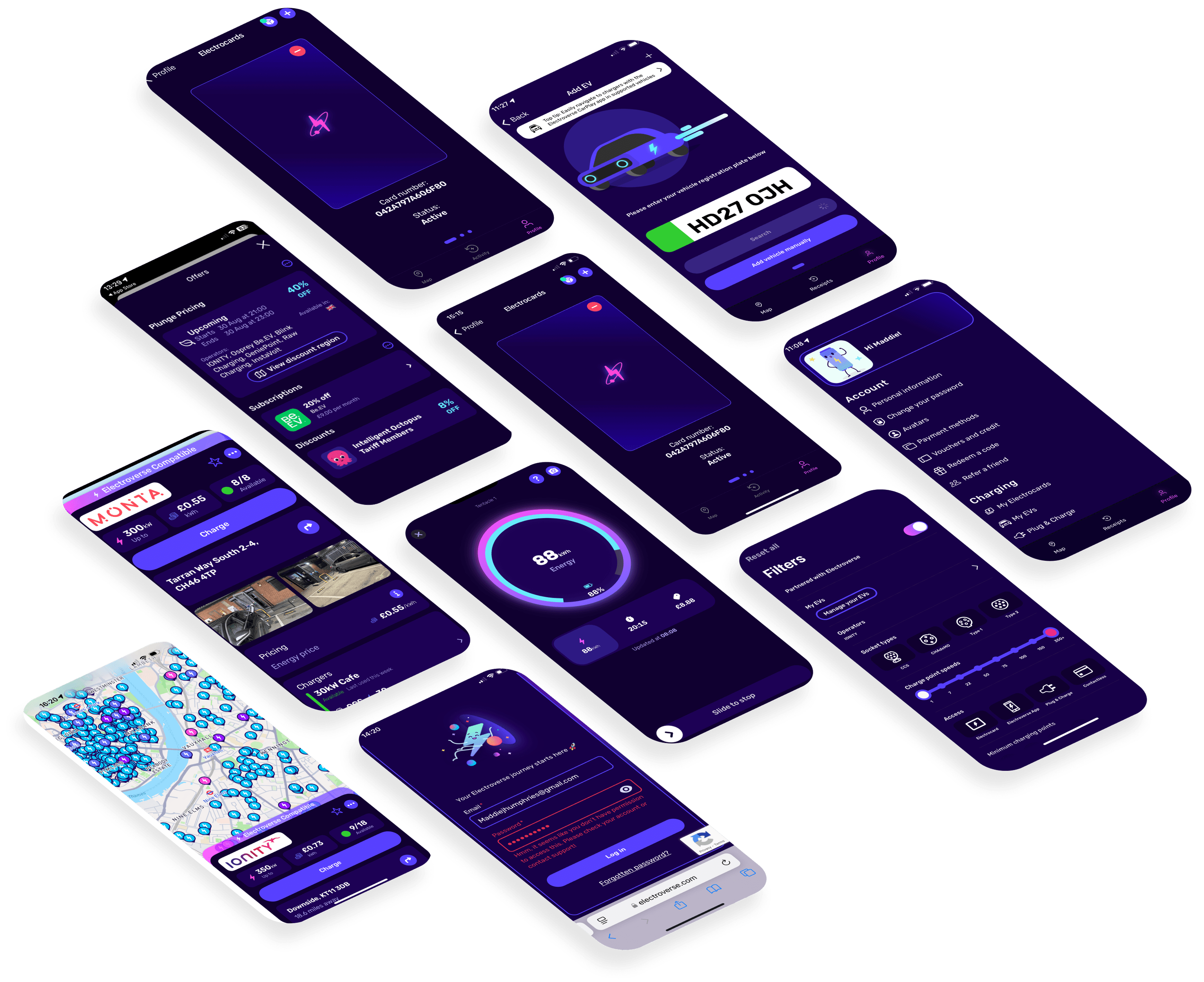 Screenshots of the electroverse app