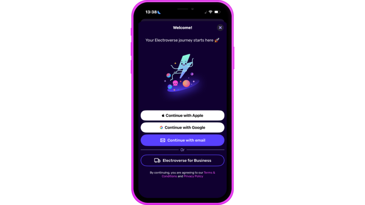Smartphone screen showing the electroverse app with a welcome message and options to continue with Apple, Google, or email. Purple theme with rocket icon.