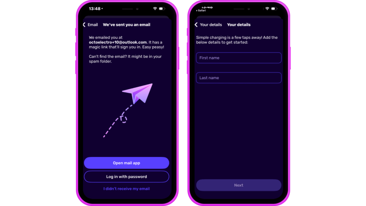 Two smartphone screens: left shows an email verification prompt with a paper airplane icon; right displays a form for entering first and last names. Both are screenshots from the Electroverse app.