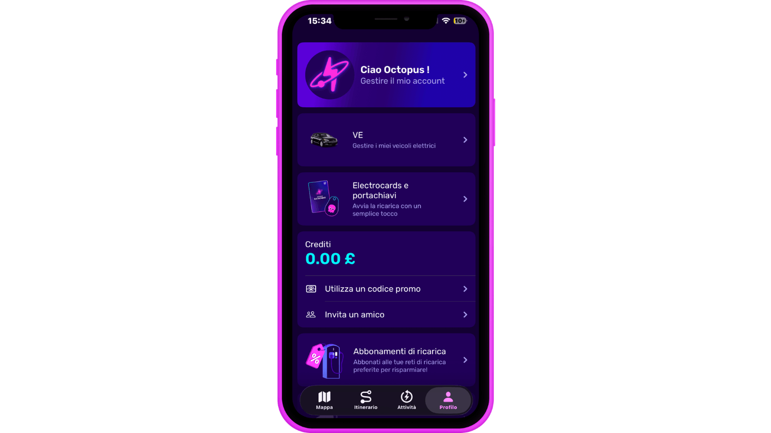 Interfaccia dell'app mobile in italiano con opzioni per la gestione di veicoli elettrici, crediti, promozioni e abbonamenti, su uno sfondo a tema viola.