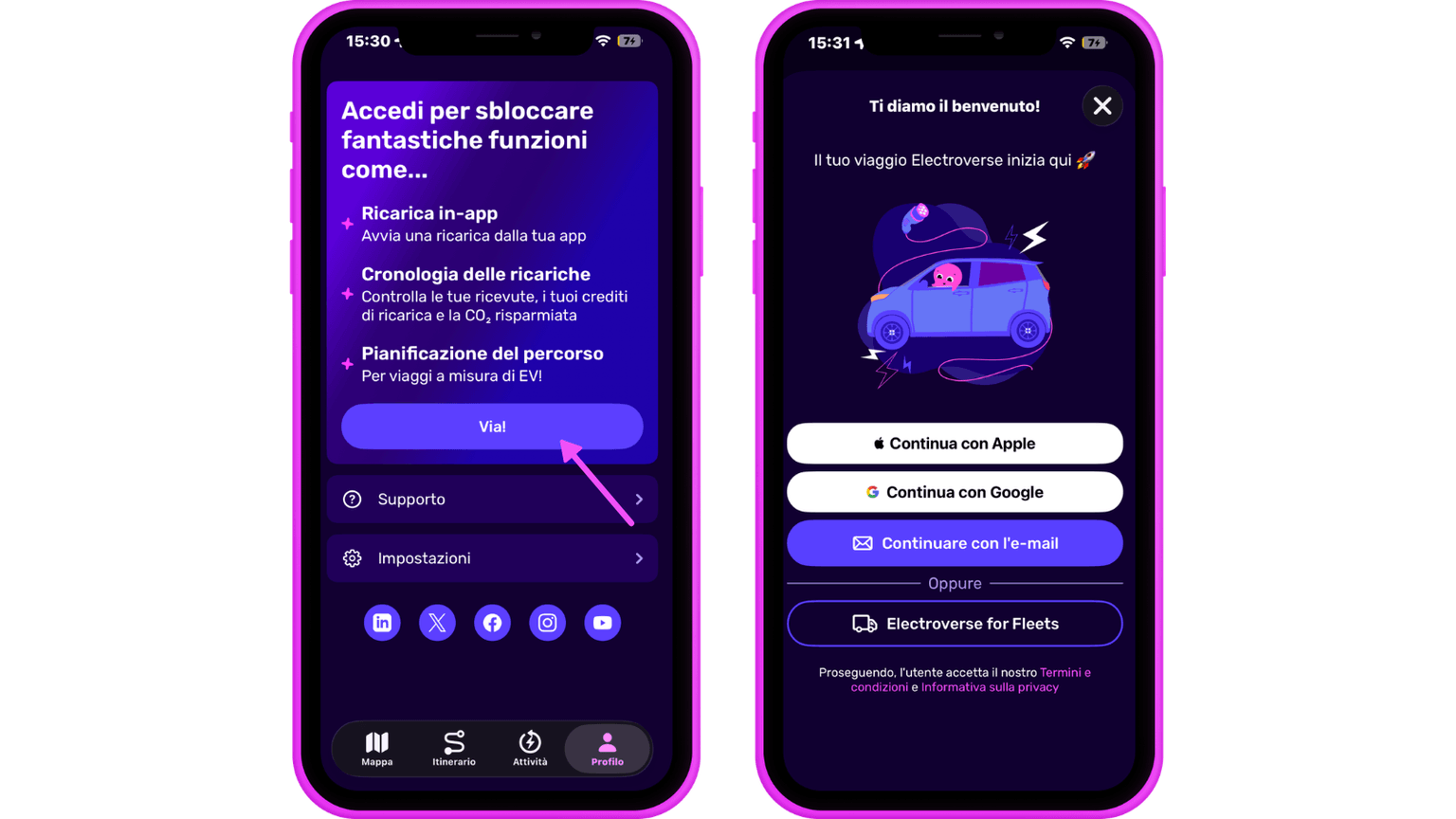 Due schermi di smartphone che mostrano l'interfaccia di un'app per la ricarica di veicoli elettrici e la pianificazione del viaggio, con opzioni di accesso tramite Apple, Google o e-mail.