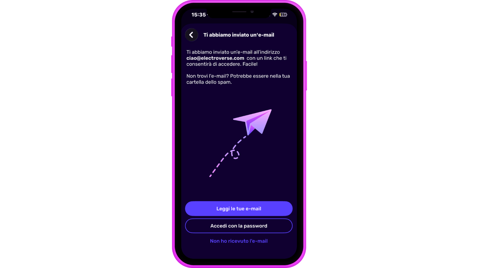 Schermo di uno smartphone che mostra una notifica e-mail con l'icona di un aeroplanino di carta. Il testo invita l'utente a controllare la posta in arrivo o la cartella spam.