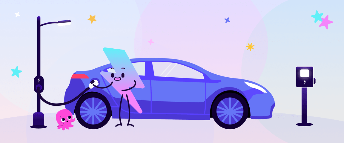 Fumetto raffigurante un'auto elettrica blu in carica, con un personaggio sorridente che la collega e un piccolo polipo rosa nelle vicinanze, sotto un cielo stellato.