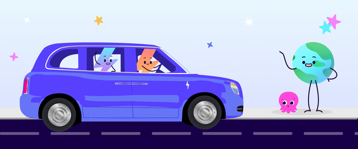 Un'auto blu con passeggeri sorridenti passa davanti a un cartone animato raffigurante la Terra che saluta con la mano e un polipo rosa su una strada stellata.