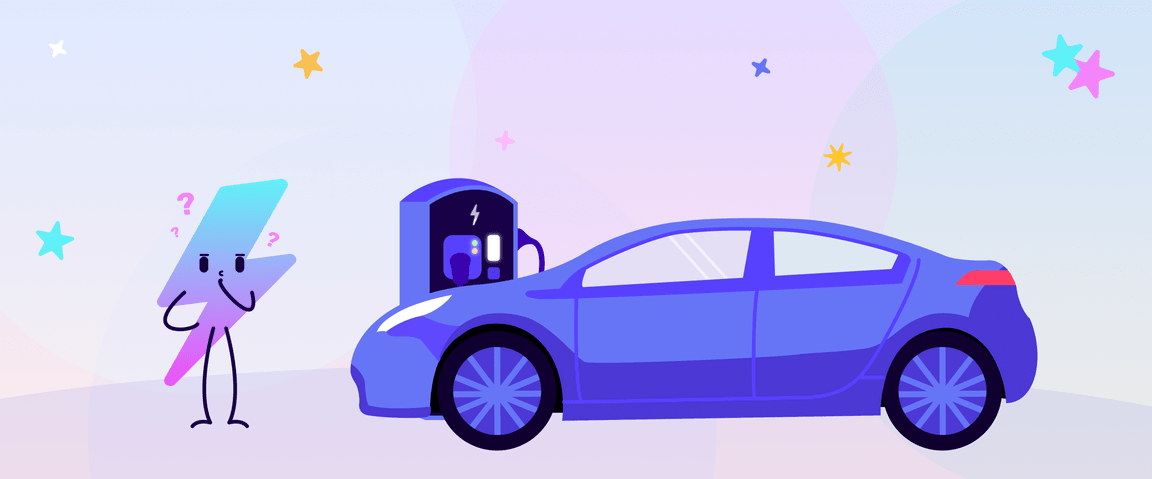 Electroverse mascot looking confused next to charging car, La mascotte d'Electroverse a l'air confuse à côté d'une voiture en charge