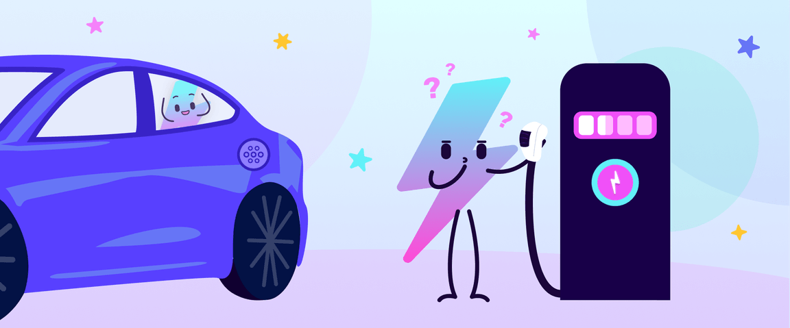 Octopus Electroverse mascot, Zapman, standing by an EV charger, confused.