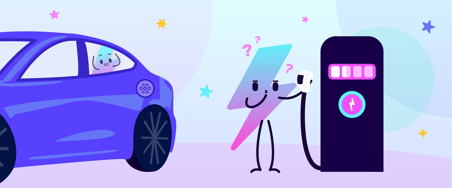 Octopus Electroverse mascot, Zapman, standing by an EV charger, confused.