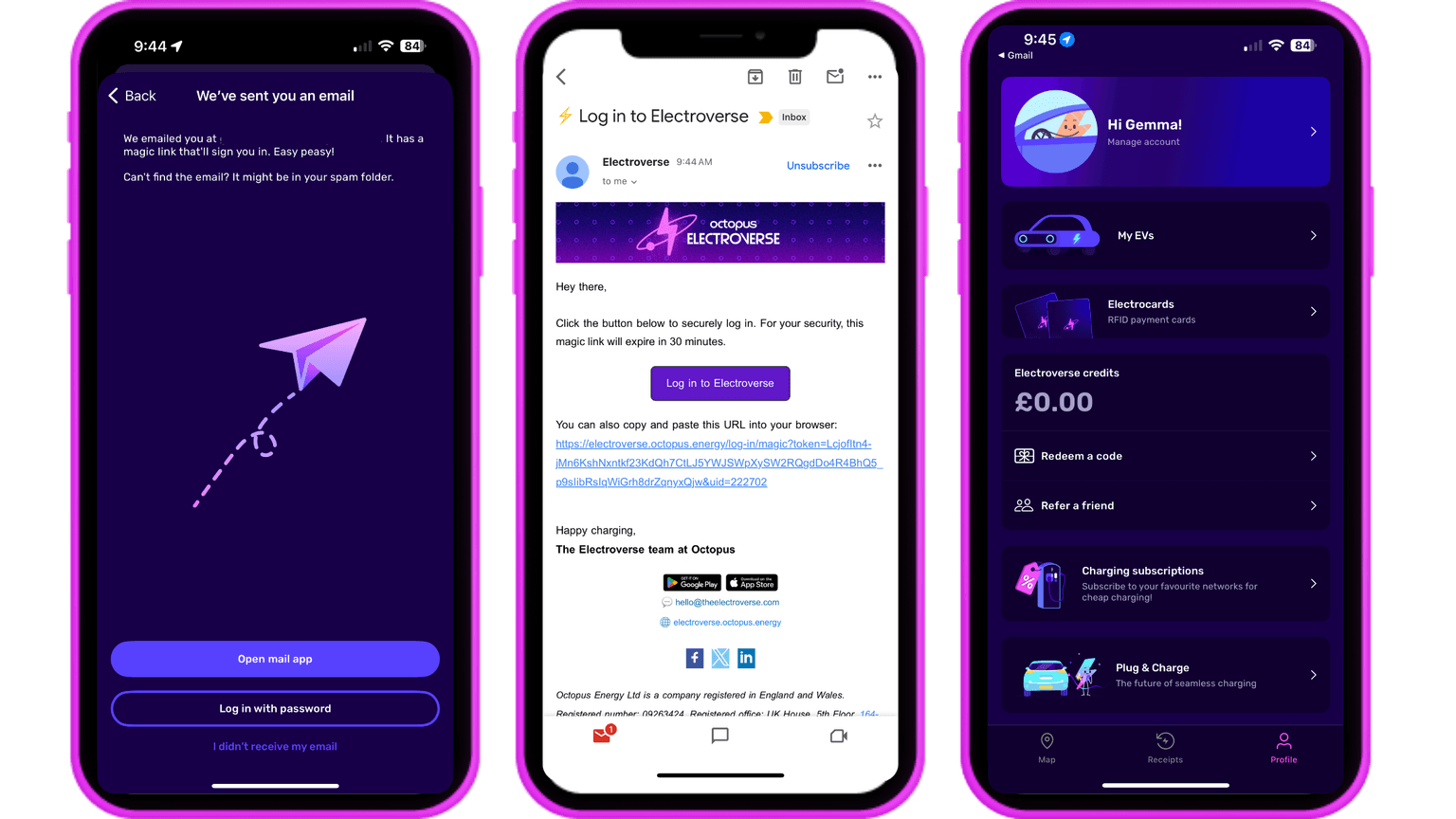 Three smartphone screens displaying a login email verification, an email with a login link, and an app dashboard with charging details.