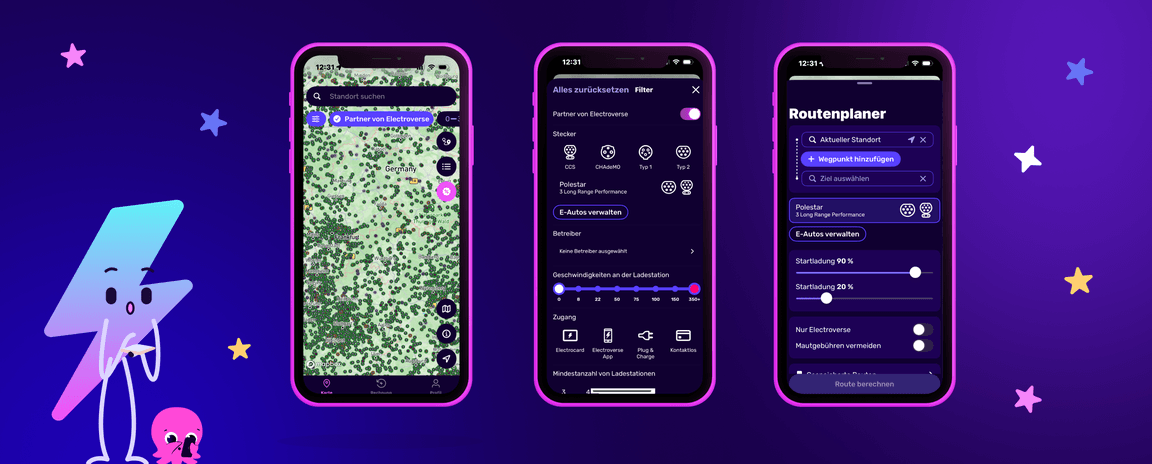 Screenshots der karte ladestationen der Electroverse-App