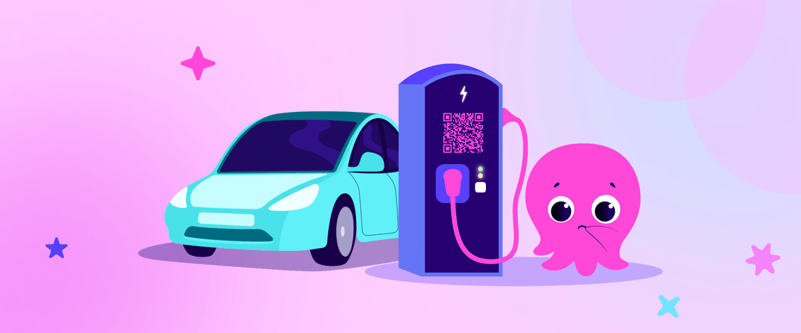 Dessin d'une voiture turquoise en train de charger à une borne électrique violette, avec une pieuvre rose à ses côtés, sur un fond rose tendre.