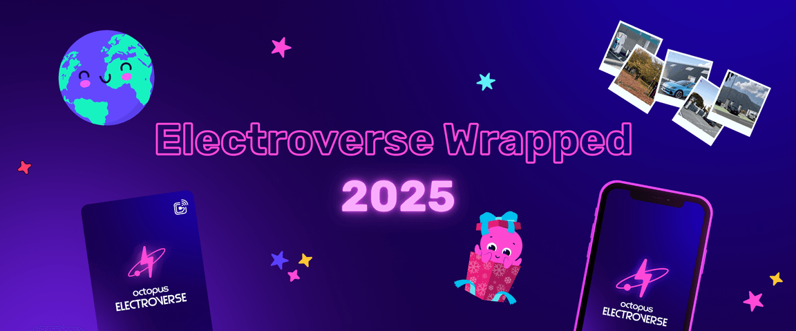 Colourful graphic titled "Electroverse Wrapped 2025" with world, photos, an octopus gift, a smartphone and an Electrocard with the "Octopus Electroverse" logo on a dark background.