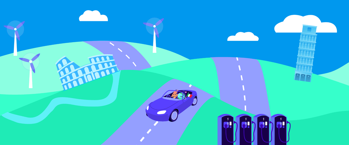 Illustrazione di una persona che guida un'auto elettrica blu su strade tortuose con turbine eoliche, il Colosseo e la Torre di Pisa sullo sfondo.