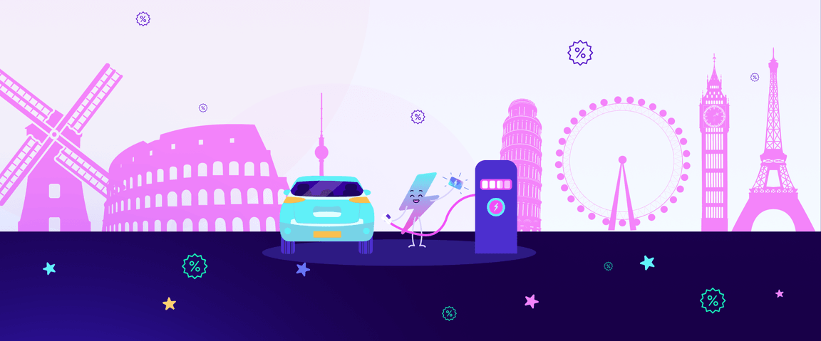 Auto elettrica in ricarica presso una stazione con monumenti iconici come il Colosseo, la Torre Eiffel e il Big Ben sullo sfondo.