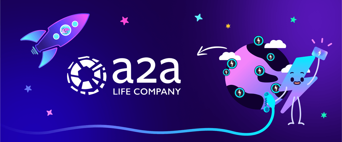 Un'illustrazione colorata raffigurante un razzo, un globo con delle icone e un personaggio che tiene in mano un cavo di ricarica per auto, accanto al testo “a2a LIFE COMPANY”.