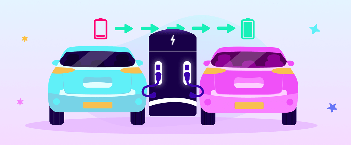 Illustrazione di due auto elettriche collegate a una stazione di ricarica centrale, con frecce che indicano il flusso di ricarica. Lo sfondo è decorato con stelle.