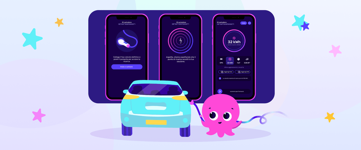 Illustrazione di tre schermate di smartphone che mostrano l'app Electroverse per la ricarica dei veicoli elettrici, con un'auto blu e un polpo rosa stilizzato che tiene in mano un cavo.