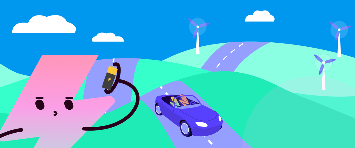 Un fulmine carica un'auto elettrica blu su una strada tortuosa con turbine eoliche e nuvole sullo sfondo.