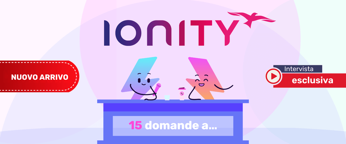 Illustrazione di due personaggi animati seduti a un tavolo con la scritta "IONITY", "Nuovo arrivo" e "15 domande a... Intervista esclusiva".