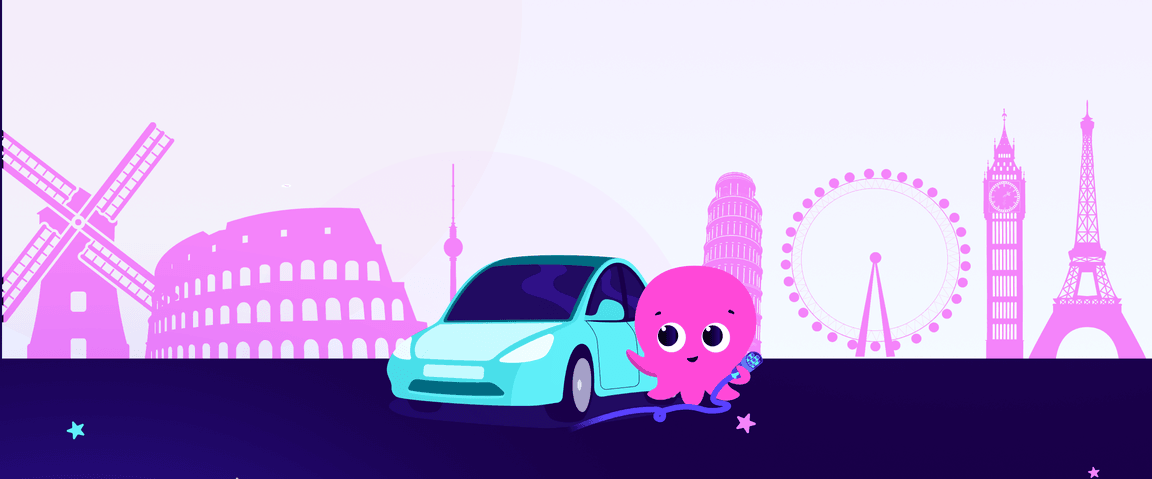 Une adorable pieuvre rose en train de recharger une voiture électrique, avec en arrière-plan les silhouettes de monuments emblématiques tels que le Colisée et la Tour Eiffel.