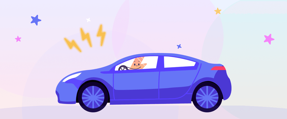 Illustrazione di una persona alla guida di un'auto elettrica blu con stelle e simboli di fulmini sullo sfondo.