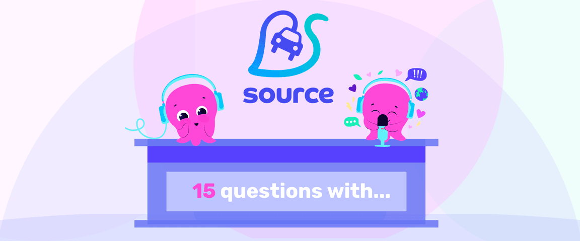 Two pink cartoon characters with headphones sit at a desk labeled "15 questions with..." under a stylized logo and the word "source."
