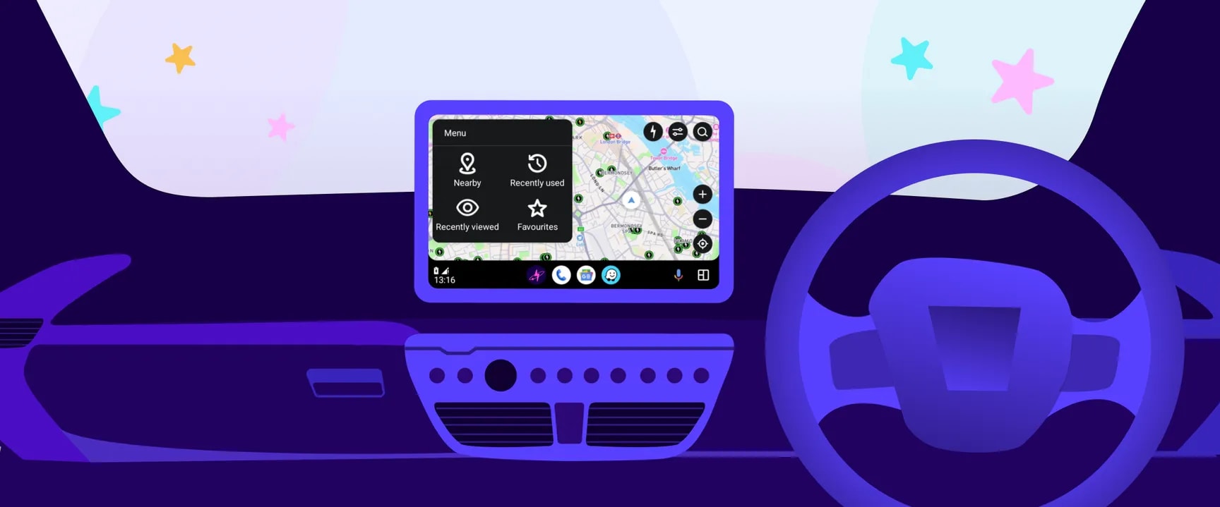 Um painel de um carro estilizado com um ecrã de navegação digital exibindo um mapa, a aplicação Electroverse e opções de menu, tendo como pano de fundo um céu estrelado colorido.