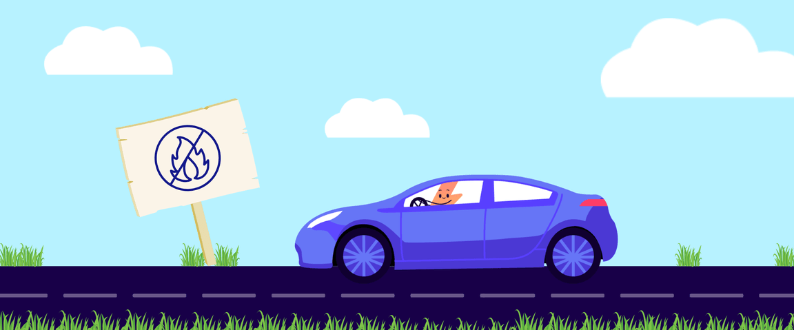 Illustrazione di una persona alla guida di un'auto blu elettrico su una strada con erba. A sinistra è presente un cartello con il simbolo del fuoco barrato.