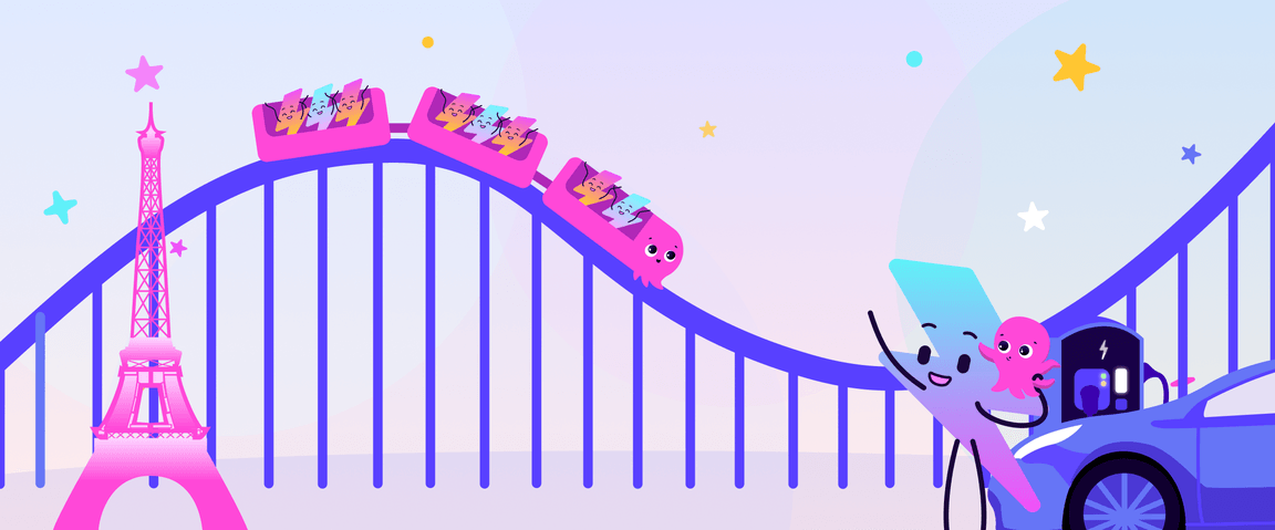 Montagne russe dei cartoni animati con personaggi felici, Torre Eiffel e un'auto elettrica in ricarica