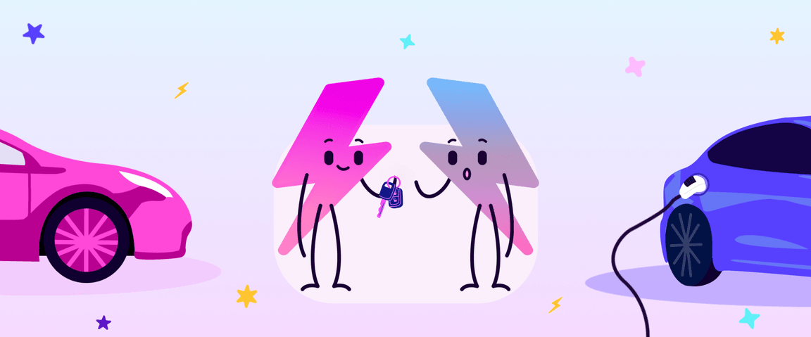 Electroverse-Maskottchen tauschen Schlüssel für gemietete Elektroautos aus.