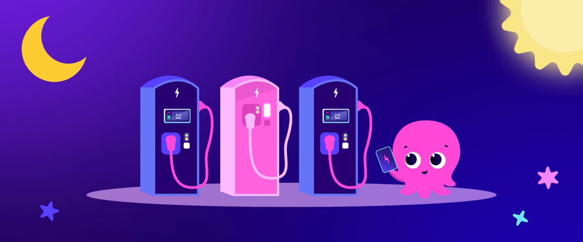 Une adorable pieuvre tenant un téléphone près de chargeurs électriques sous un croissant de lune, avec le soleil et les étoiles.
